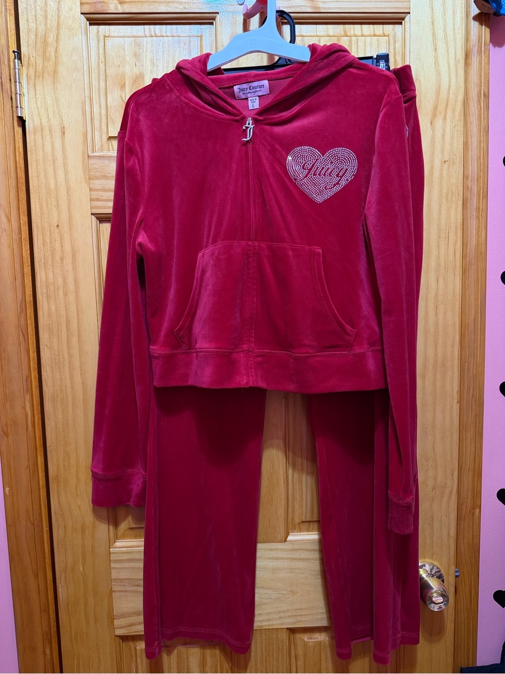 Juicy Couture Girls' Red Velour Hoodie & Pants Set with Heart Logo